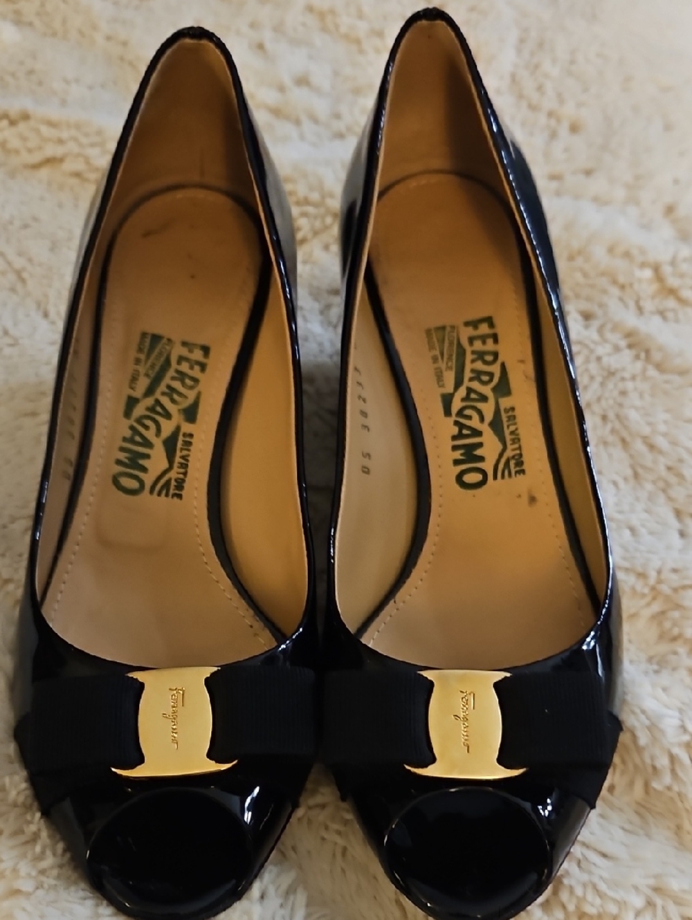 Salvatore Ferragamo Black Patent Peep-Toe Vara Bow Pumps with Gold Plaque